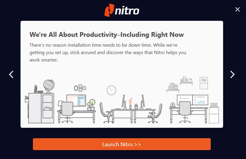 Nitro PDF Pro installation complete, with the Launch Nitro button