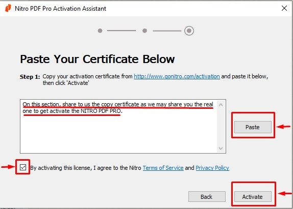 Paste Your Certificate Below screen with the agreement ticked and Activate highlighted